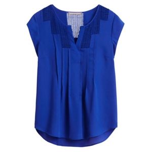 Blue lace crochet detail split neck top